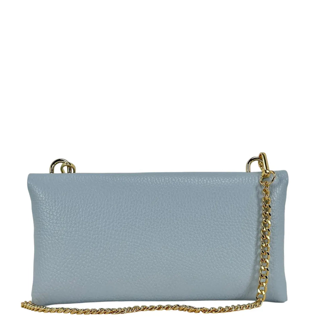 Bassini Borsa Donna Piccola in Pelle Celeste con Tracolla Catena Oro e Chiusura Girello Bambù