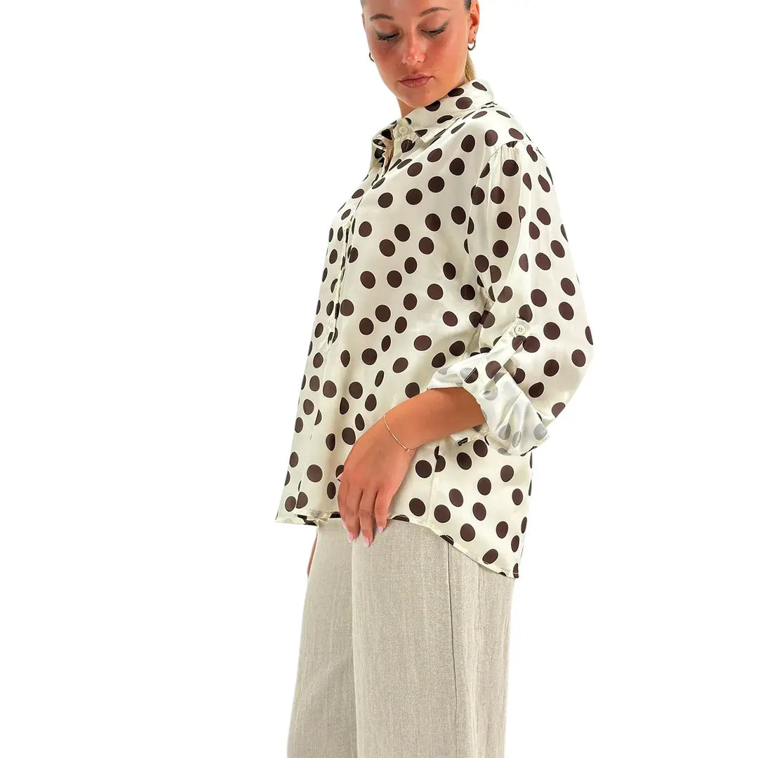 Bassini Camicia Donna Avorio con Pois Cioccolato Maniche Lunghe e Collo Francese