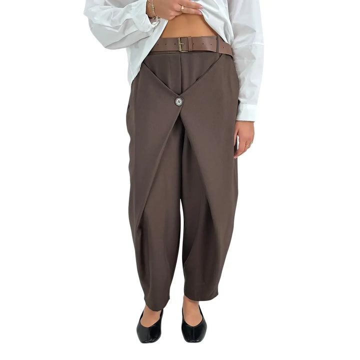 Bassini Pantaloni Donna Marroni a Portafoglio con Elastico in Vita e Cintura in Ecopelle