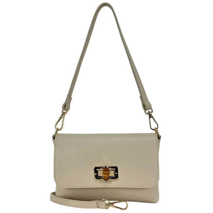 Bassini Borsa Donna Mini in Pelle Beige con Pattina Girello Bambù e Tracolla Rimovibile