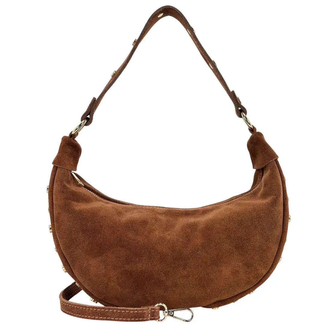Bassini Borsa Donna Mezza Luna in Pelle Scamosciata con Borchie Oro e Tracolla Intercambiabile Cognac
