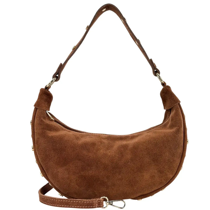 Bassini Borsa Donna Mezza Luna in Pelle Scamosciata con Borchie Oro e Tracolla Intercambiabile Cognac