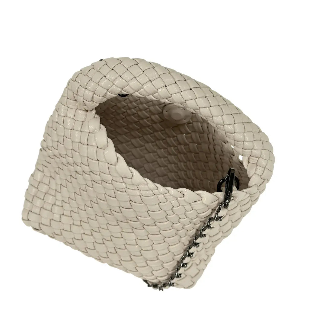 Bassini Borsa Donna Mini Sacca in Ecopelle Intrecciata Beige con Tracolla Catena Rimovibile