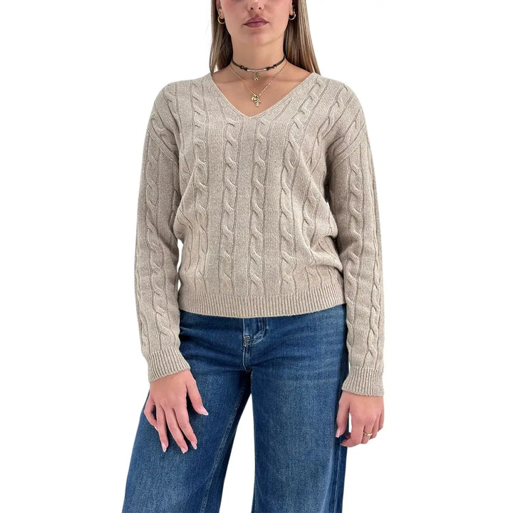 Bassini Maglia Donna Cammello a Treccia con Scollo a V e Maniche Raglan Oversize