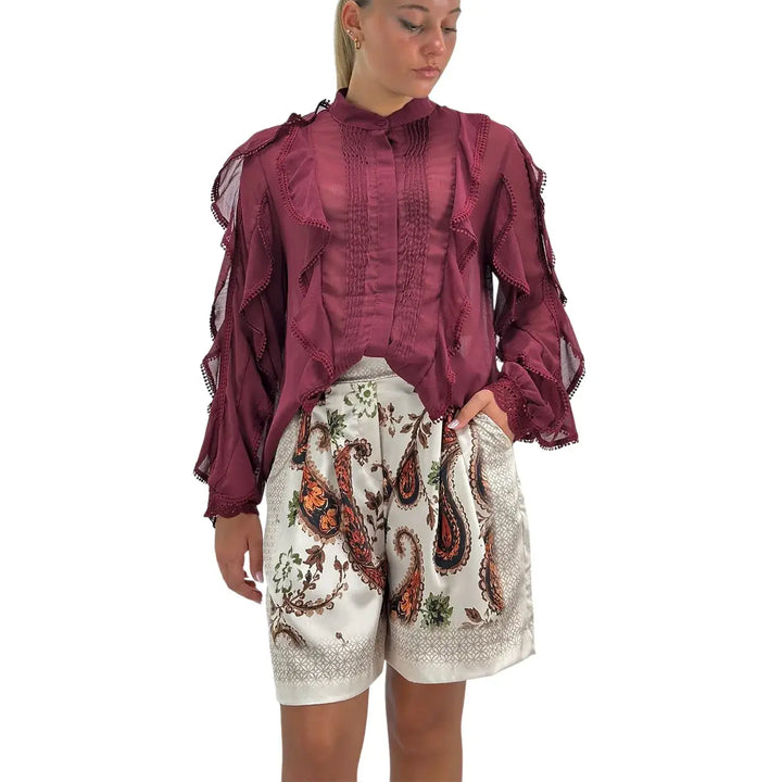Bassini Camicia Donna Burgundy con Rouches Maniche Lunghe Collo alla Coreana e Tessuto Plissettato