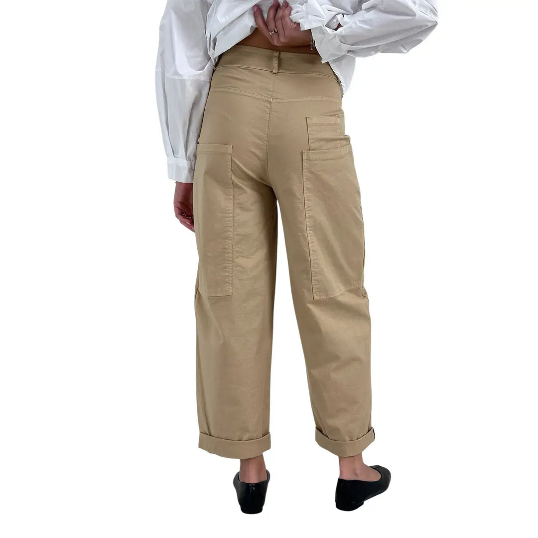 Bassini Pantaloni Donna Palazzo Kaki Oversize in Tessuto Elasticizzato con Tasche a Toppa