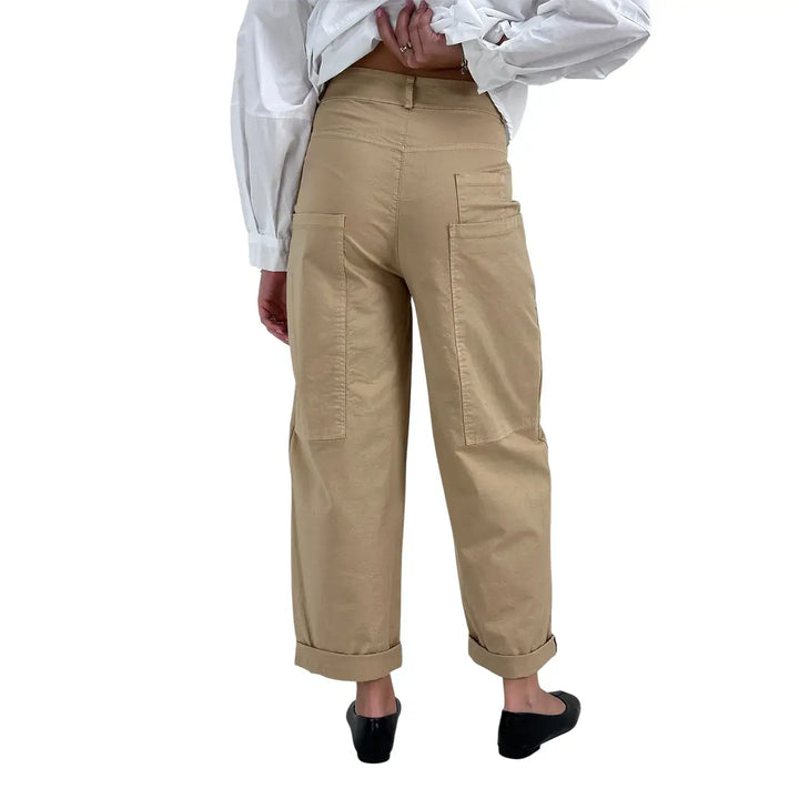 Bassini Pantaloni Donna Palazzo Kaki Oversize in Tessuto Elasticizzato con Tasche a Toppa