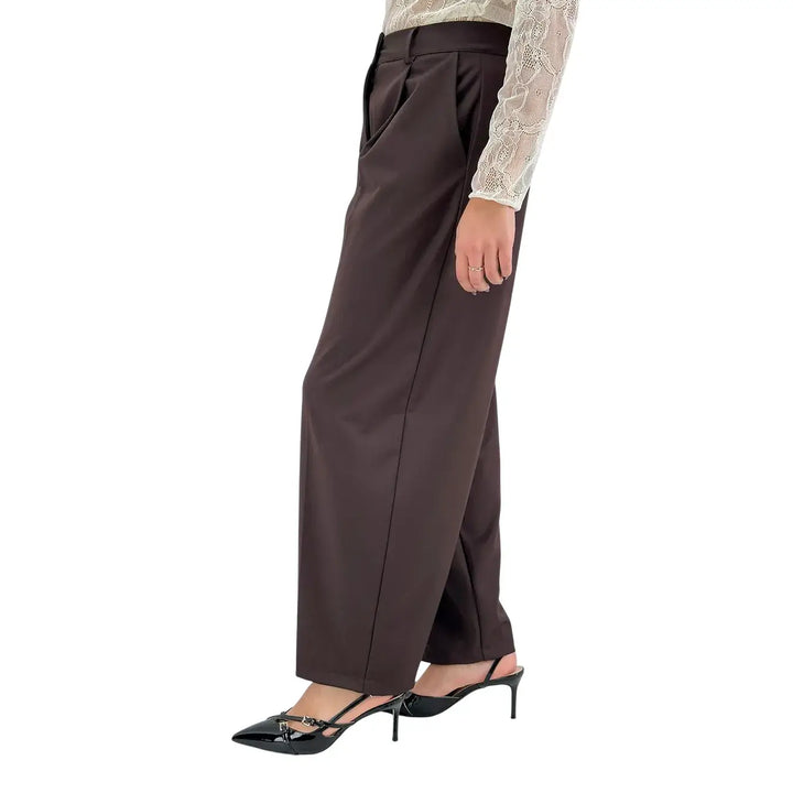 Bassini Pantaloni Donna Cioccolato Sartoriali a Gamba Larga con Doppia Pince e Tasche a Filo