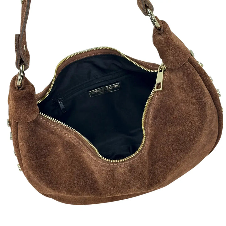 Bassini Borsa Donna Mezza Luna in Pelle Scamosciata con Borchie Oro e Tracolla Intercambiabile Cognac