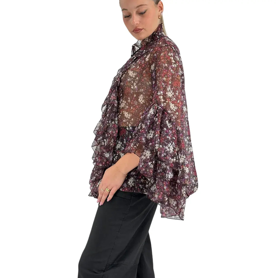 Bassini Camicia Donna Violet con Stampa Floreale, Collo alla Coreana e Maniche a Tre Quarti con Rouches