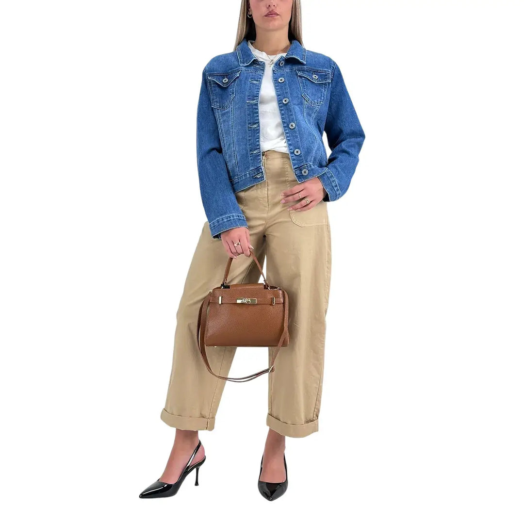 Bassini Giubbotto Donna Blu Medio Trucker in Denim di Cotone Elasticizzato
