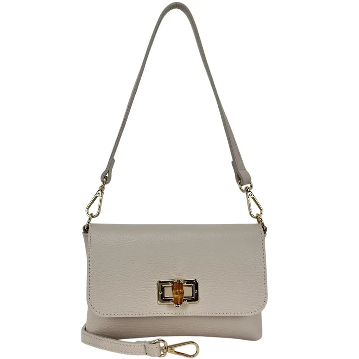 Bassini Borsa Donna Piccola in Pelle Avorio con Chiusura Girello Bambù e Doppia Tracolla