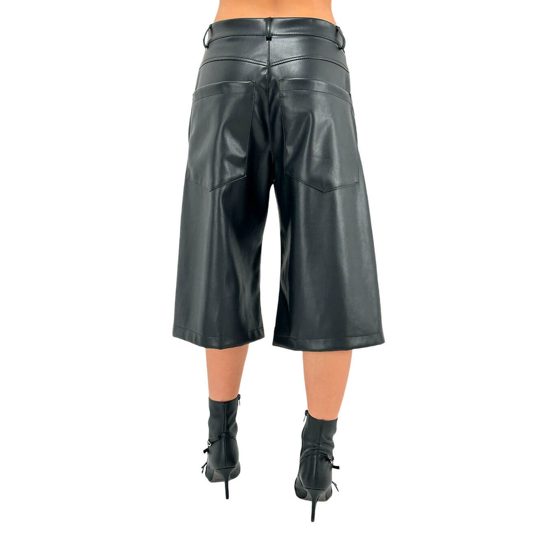 Tension In Women's Pants, Flared Bermuda, Faux Leather, Black