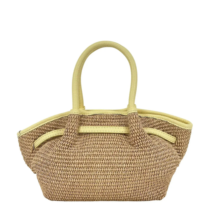 Bassini Borsa Donna in Raffia e Pelle Gialla con Due Manici e Tracolla Rimovibile
