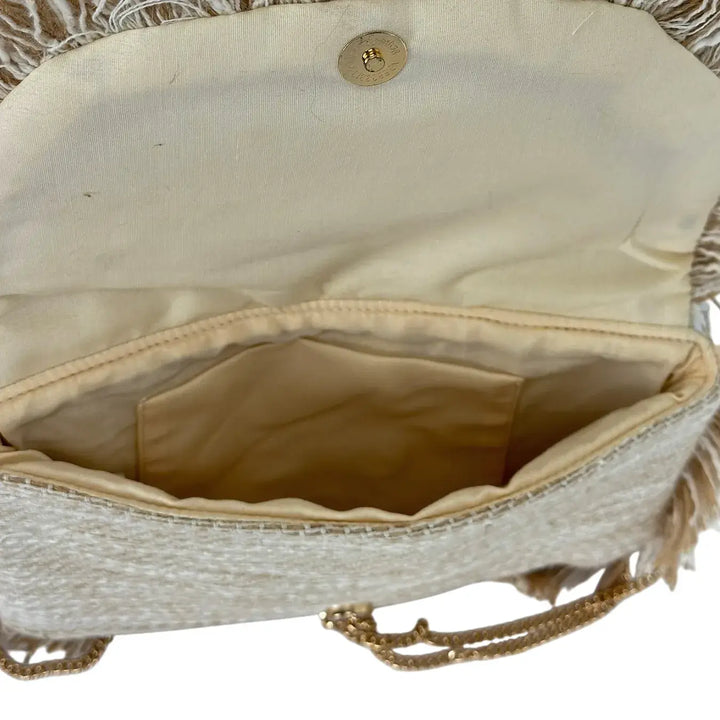 Bassini Borsa Donna Pochette in Cordura Beige con Perline Perla Patta Sfrangiata e Tracolla Oro