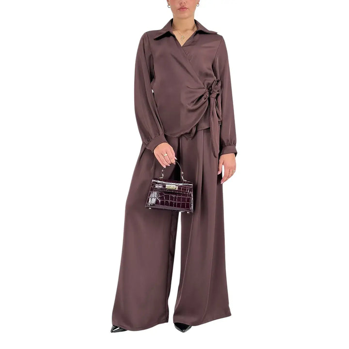 Bassini Pantaloni Donna Palazzo Marrone Oversize con Elastico in Vita e Cintura a Fiocco