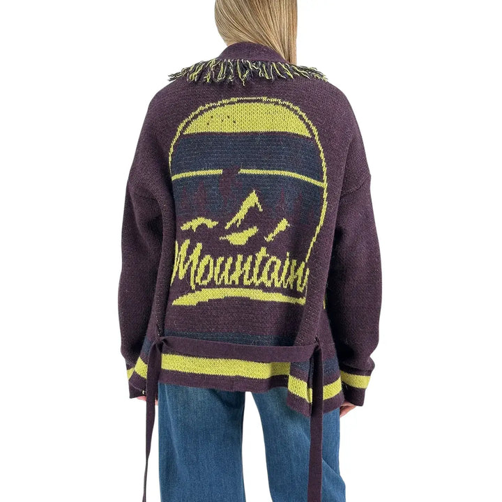 Bassini Maglia Donna Borgogna Aperta con Cintura in Maglia, Bordi Sfrangiati e Ricamo Mountain