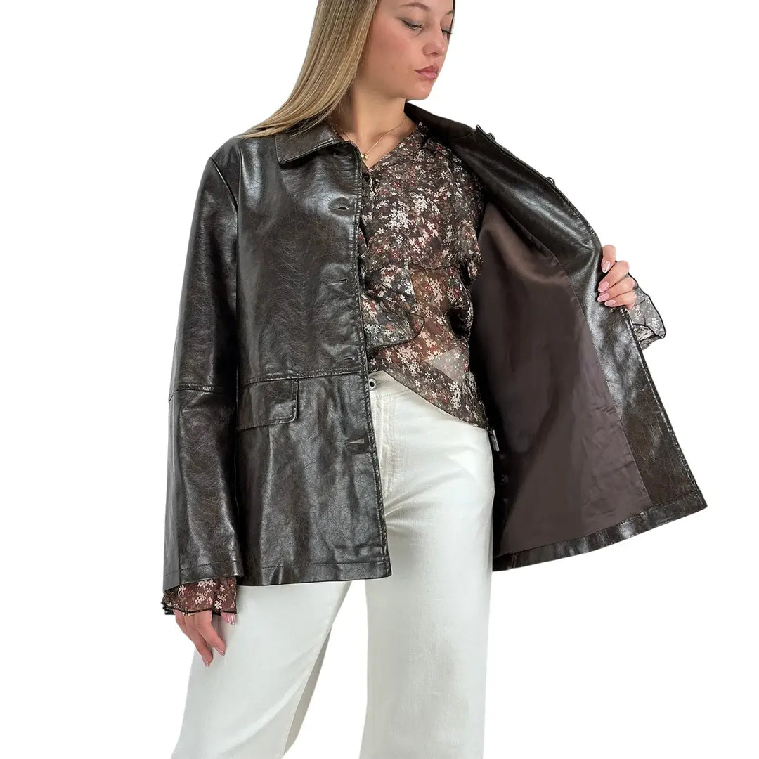Bassini Giacca Donna in Ecopelle Marrone Effetto Vintage Oversize con Tasche con Patta
