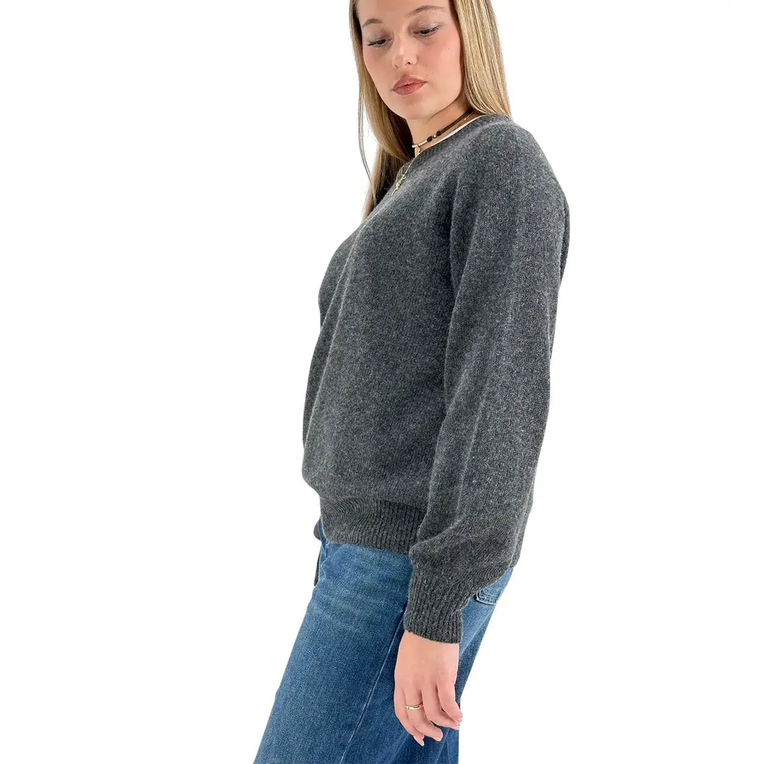 Bassini Maglia Donna Grigio Melange Girocollo Oversize con Maniche Raglan e Orlo a Costine