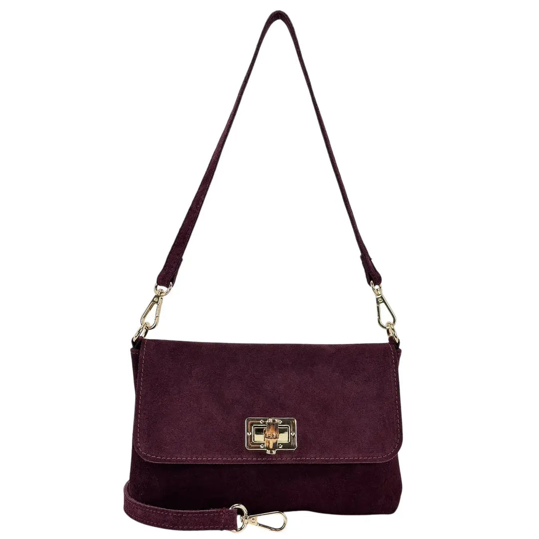 Bassini Borsa Donna in Pelle Scamosciata Burgundi con Pattina e Girello in Bambù e Tracolla Rimovibile