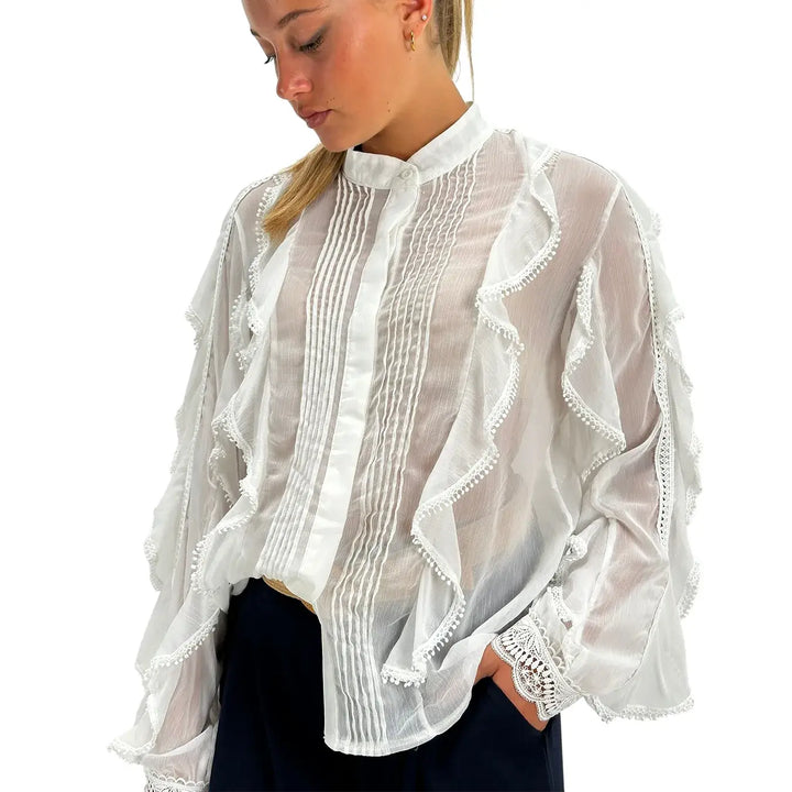 Bassini Camicia Donna Bianca con Rouches Maniche Lunghe Collo alla Coreana e Tessuto Plissettato