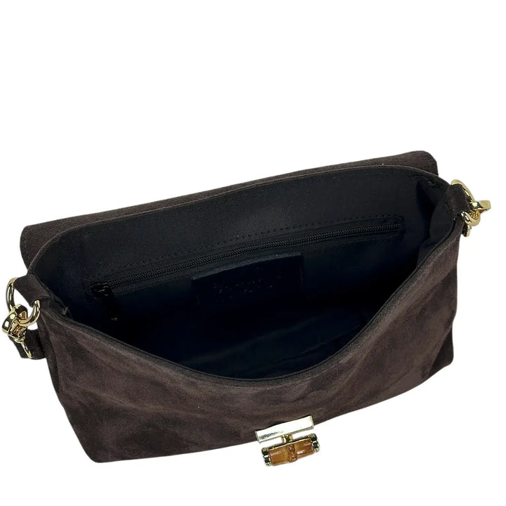 Bassini Borsa Donna in Pelle Scamosciata Cioccolato con Pattina e Girello in Bambù e Tracolla Rimovibile