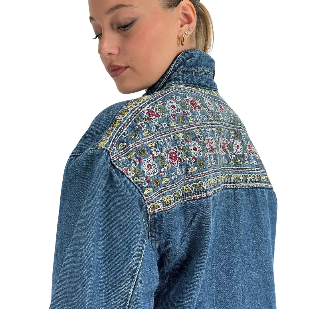 Bassini Giubbotto Donna Blu Medio Modello Trucker in Denim Elasticizzato con Ricami e Paillettes