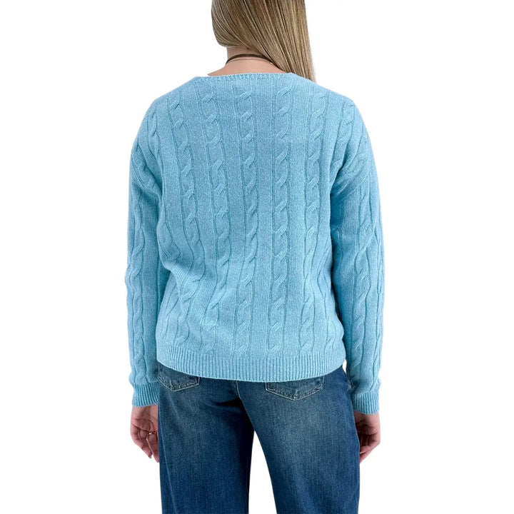 Bassini Maglia Donna Celeste a Treccia con Scollo a V e Maniche Raglan Oversize