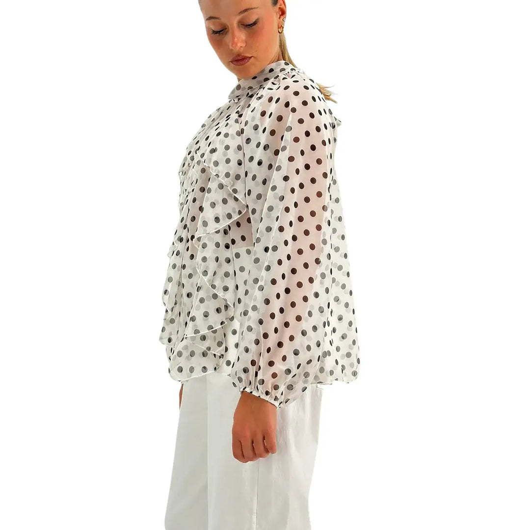 Bassini Blusa Donna Bianca con Pois Neri, Maniche a Sbuffo e Fiocco sul Retro