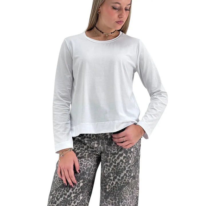 Bassini T-Shirt Donna Bianca a Maniche Lunghe con Girocollo e Spacchetti Laterali