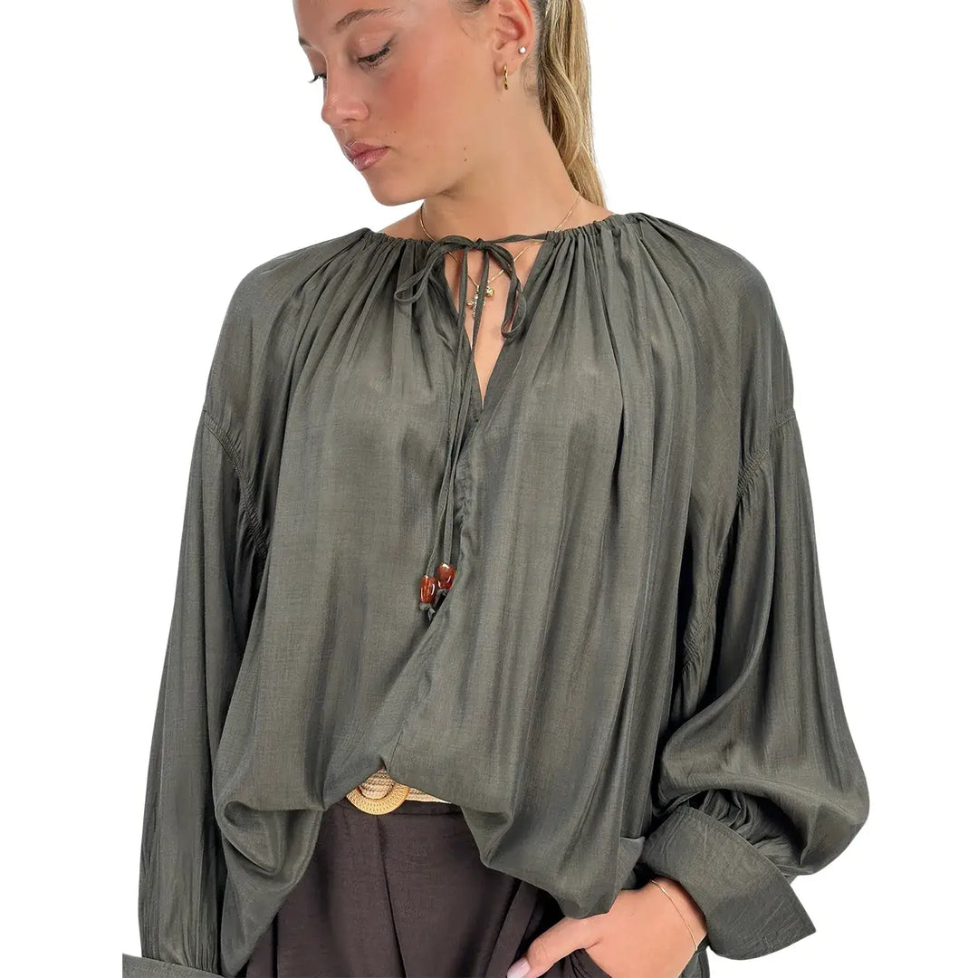 Bassini Blusa Donna Verde con Girocollo Arricciato Coulisse e Maniche Raglan