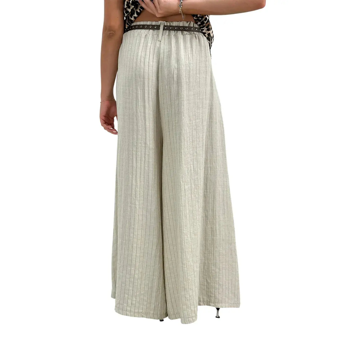 Bassini Pantaloni Donna Ecru Gessati Palazzo in Tessuto Misto