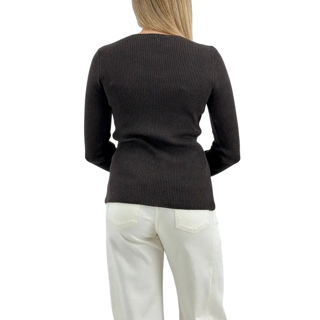 Bassini Maglia Donna Moro a Coste con Girocollo e Maniche Lunghe