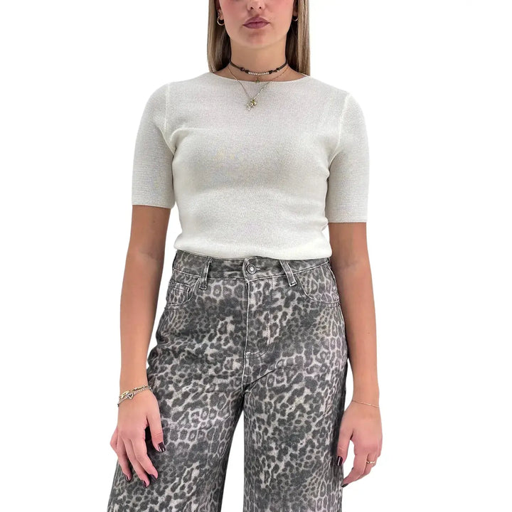 Bassini Maglia Donna Avorio a Micro Costine Girocollo Basic con Maniche Corte