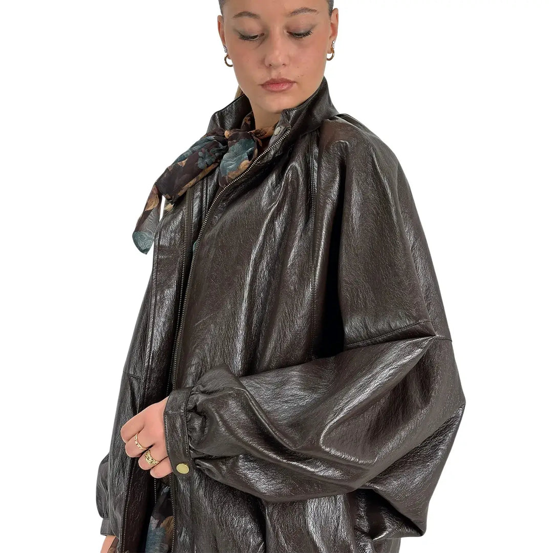 Bassini Bomber Donna Cioccolato Oversize in Ecopelle Semilucida con Maniche a Pipistrello