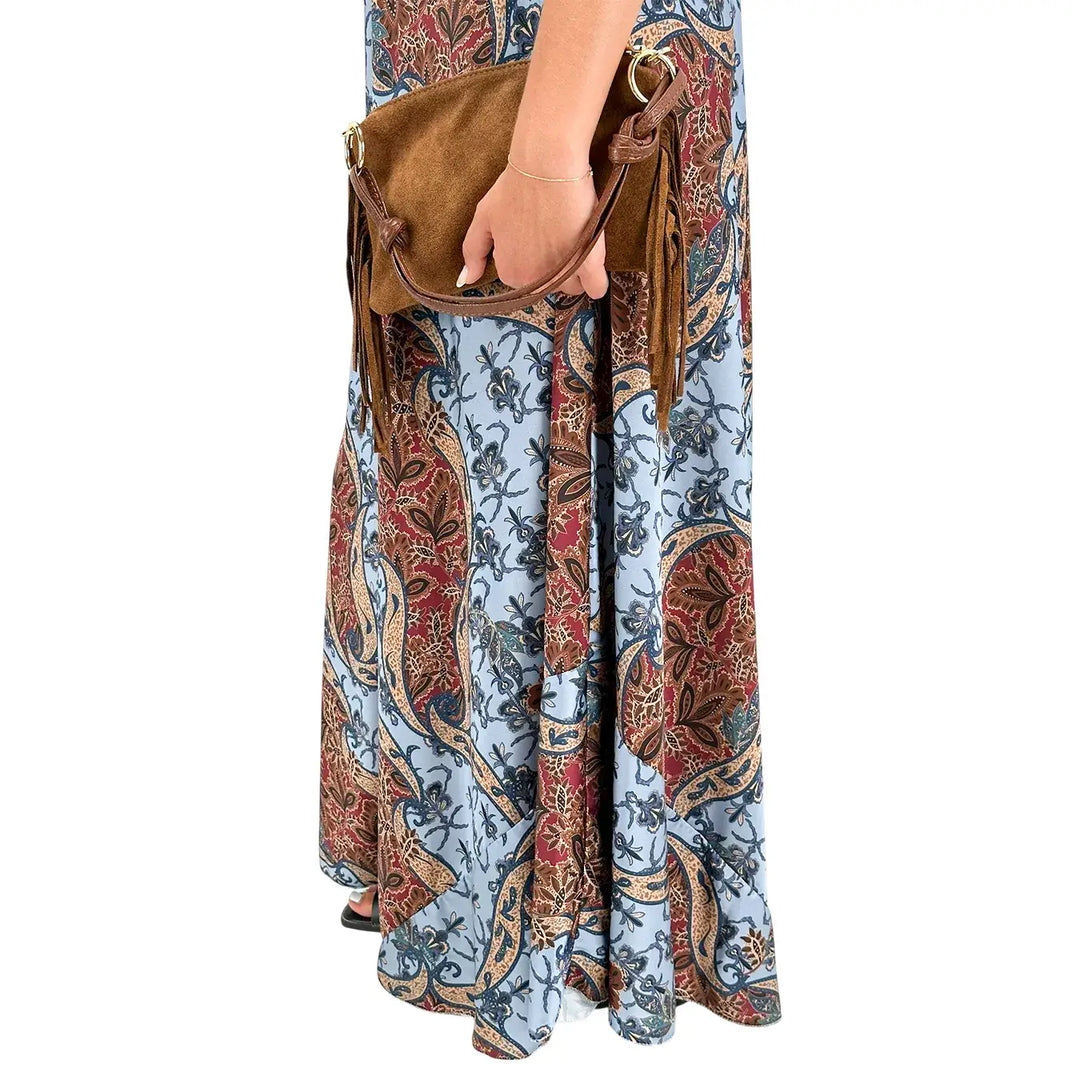 Bassini Women's Celestial Blue Long Slip Dress with Damask Print and Straps