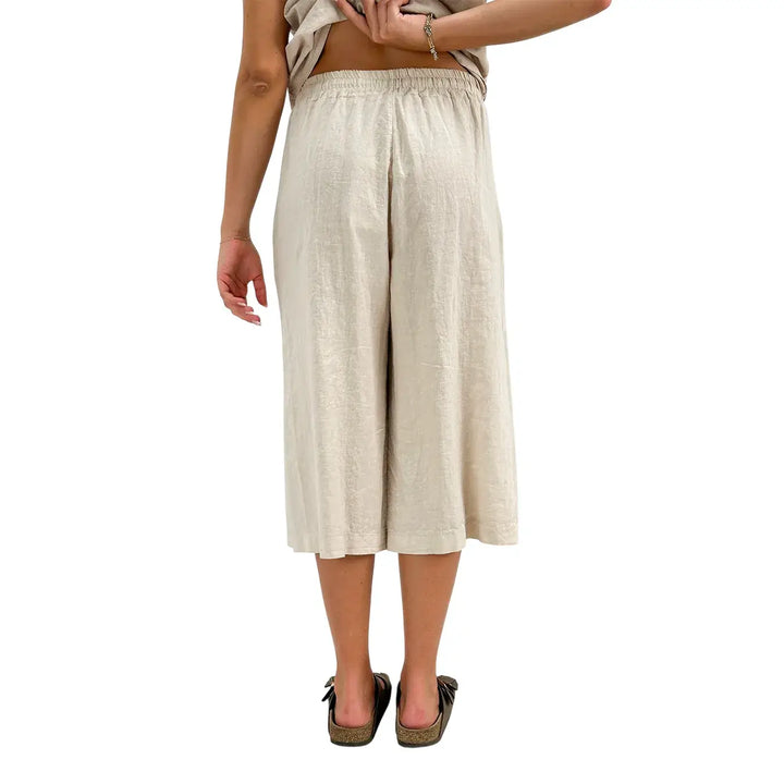 Bassini Bermuda Donna Beige in Lino e Cotone con Elastico e Coulisse in Vita