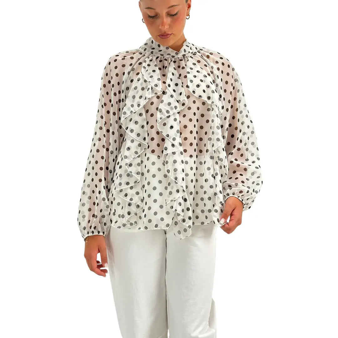 Bassini Blusa Donna Bianca con Pois Neri, Maniche a Sbuffo e Fiocco sul Retro