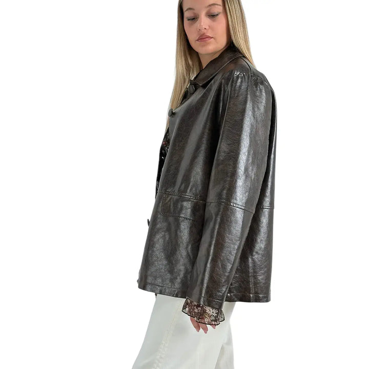 Bassini Giacca Donna in Ecopelle Marrone Effetto Vintage Oversize con Tasche con Patta