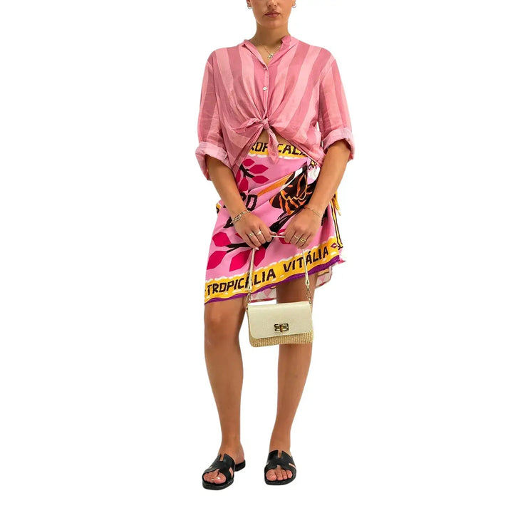 Motel Camicia Donna Rosa a Righe con Nodo Frontale, Collo Coreano e Maniche Tre Quarti