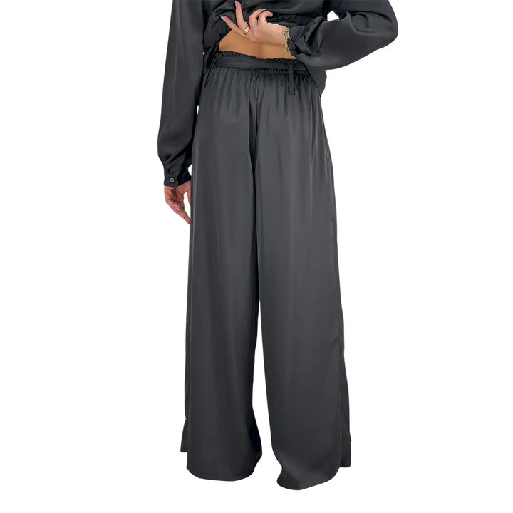 Bassini Pantaloni Donna Palazzo Nero Oversize con Elastico in Vita e Cintura a Fiocco