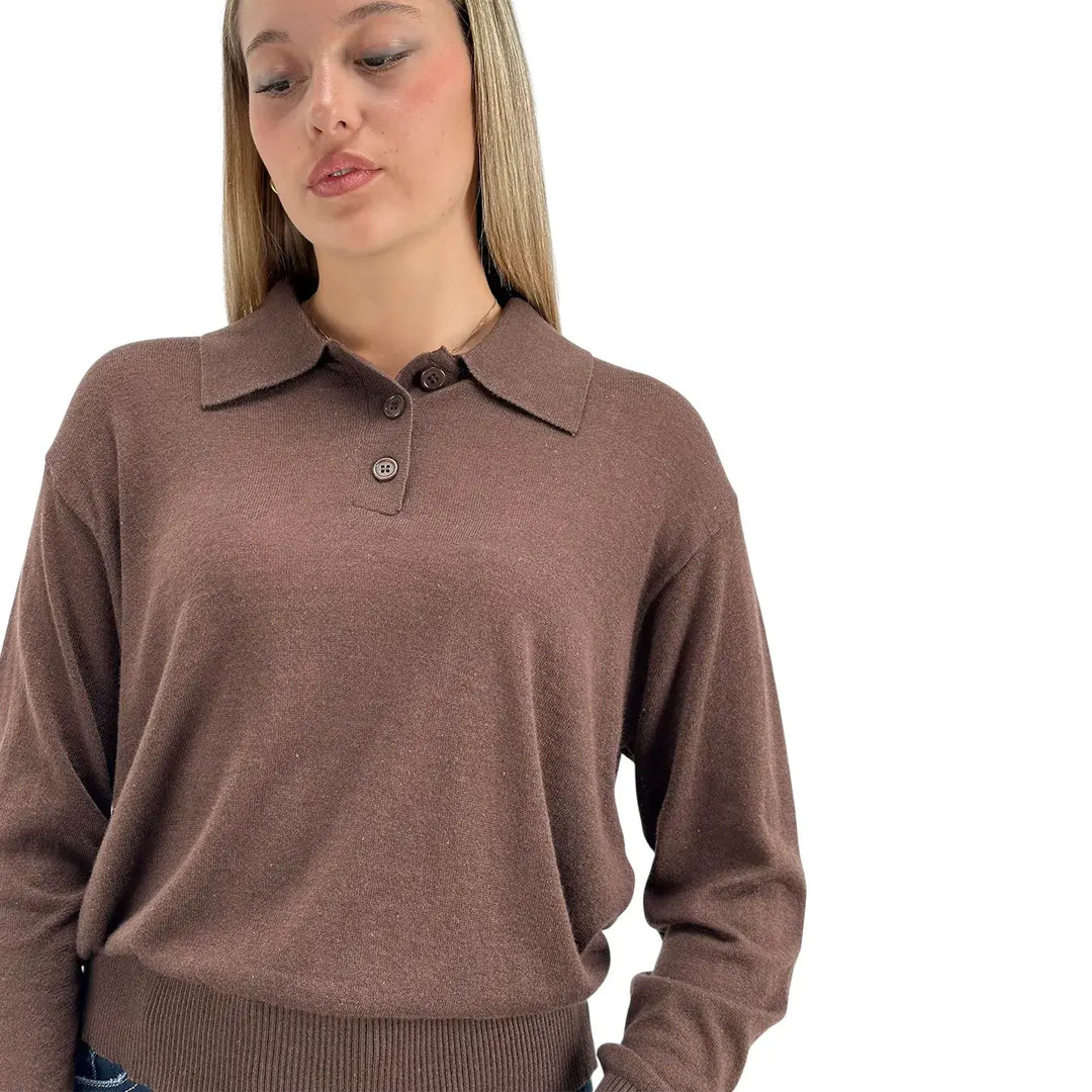 Bassini Maglia Donna Cioccolato Polo Crop Over a Tre Bottoni con Maniche Lunghe