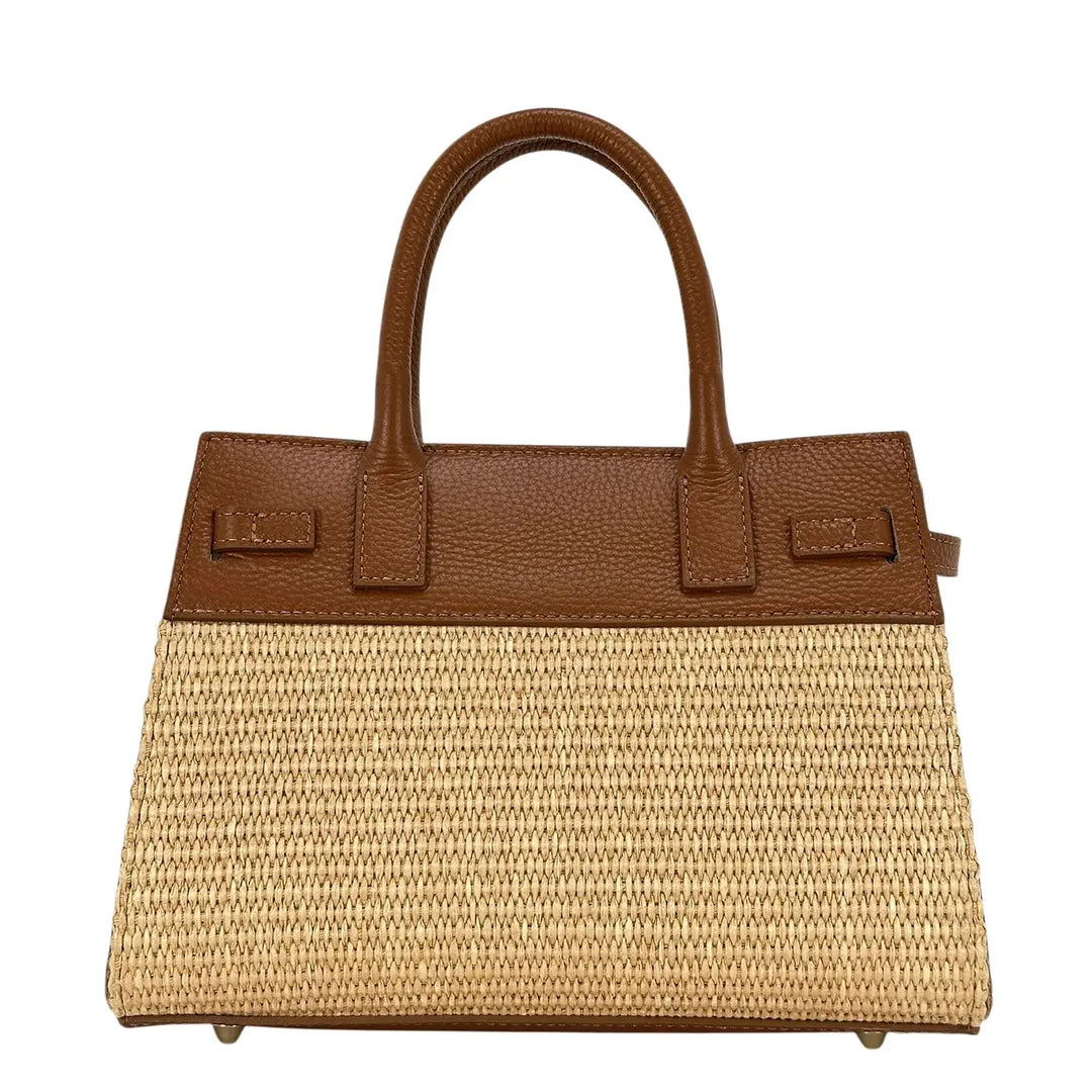 Bassini Borsa Donna in Raffia e Pelle Cognac con Due Manici Tracolla Rimovibile e Girello