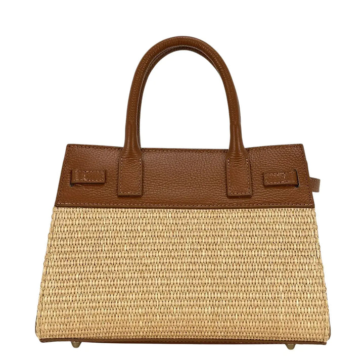Bassini Borsa Donna in Raffia e Pelle Cognac con Due Manici Tracolla Rimovibile e Girello