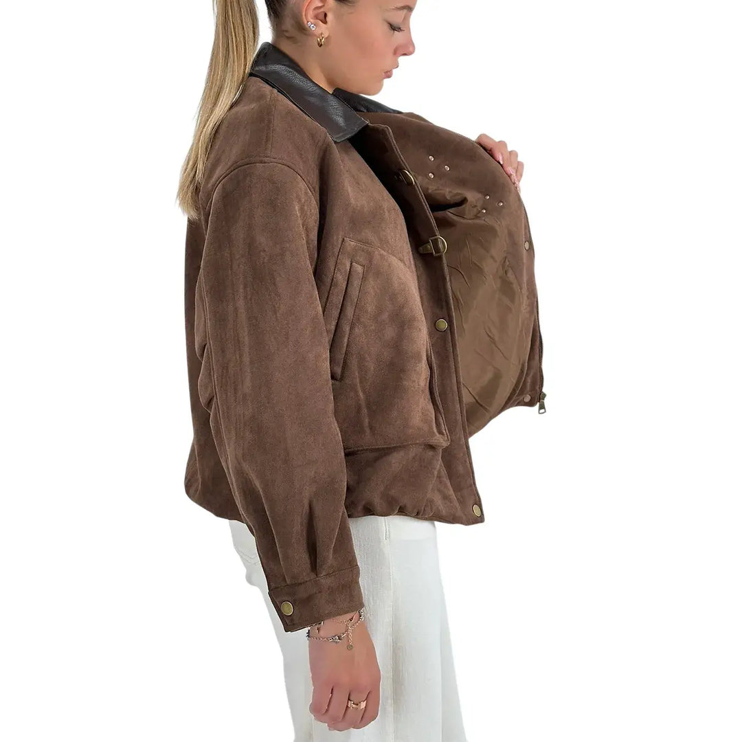 Bassini Bomber Donna Moka Oversize in Ecopelle Scamosciata con Collo Moro e Zip
