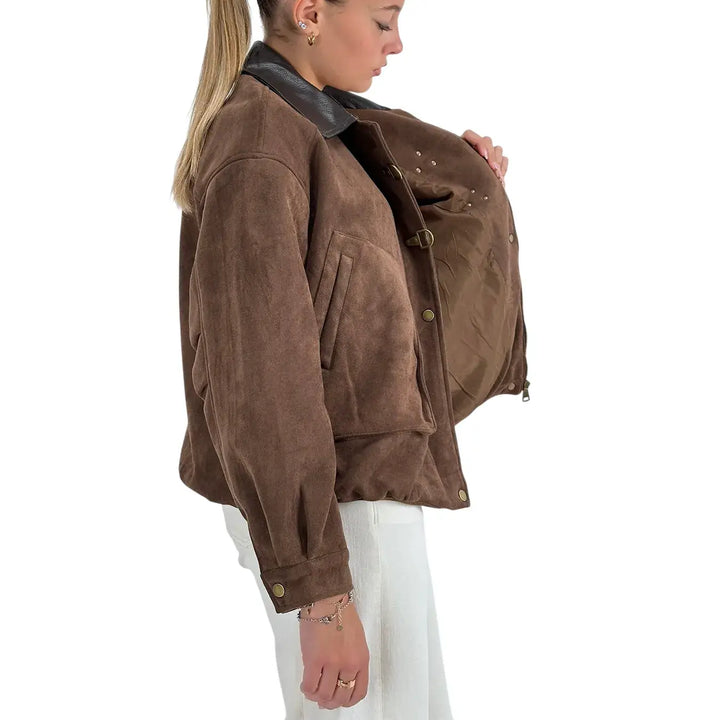 Bassini Bomber Donna Moka Oversize in Ecopelle Scamosciata con Collo Moro e Zip