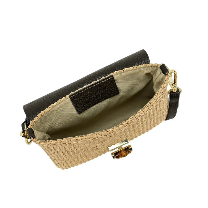 Bassini Borsa Donna Piccola in Raffia e Pelle Marrone con Tracolla Rimovibile e Girello Bambù