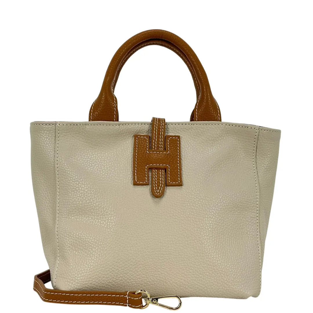 Bassini Borsa Donna in Pelle Avorio e Cognac con Due Manici Tracolla Rimovibile e Chiusura H Magnetica