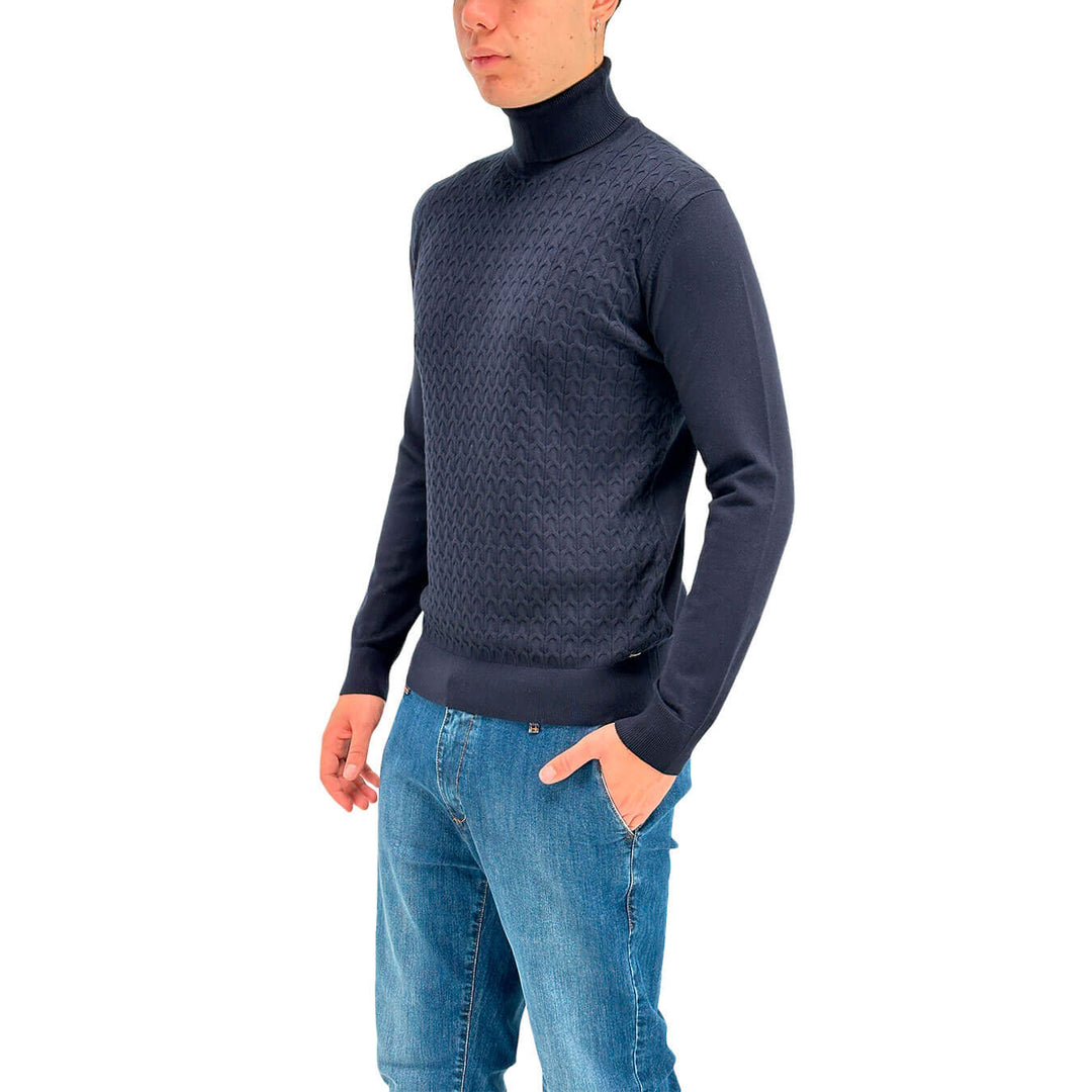 MarKup Men's Sweater, High Neck, Braid Pattern, Mixed Fabric, Blue