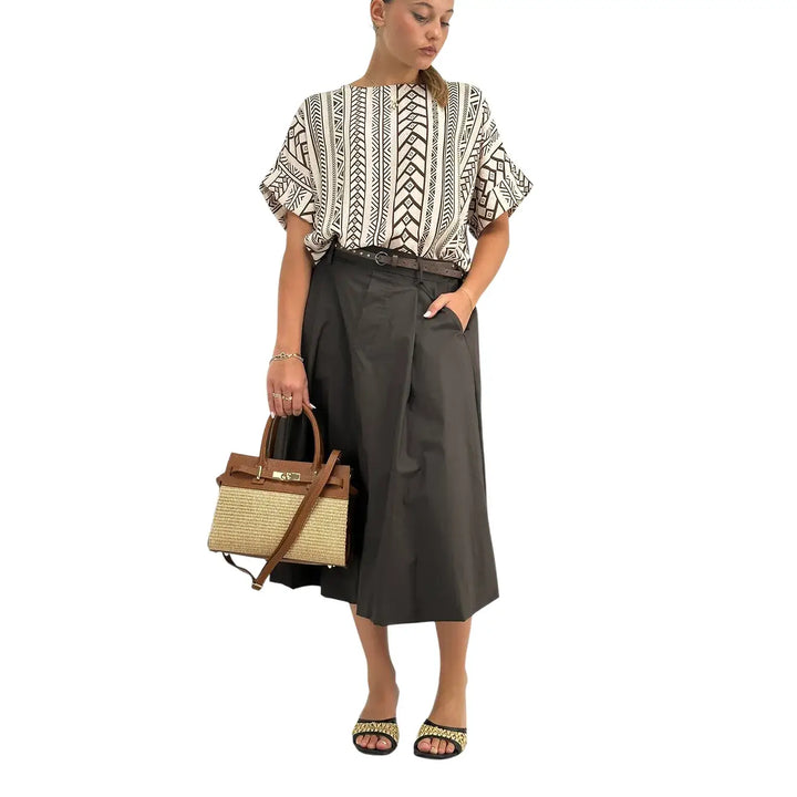 Bassini Blusa Donna Burro con Fantasia Moro, Scollo Madonna e Maniche Corte
